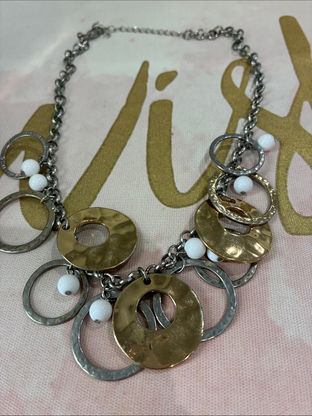 Mixed Metal Circle Pendant Necklace with White Beads